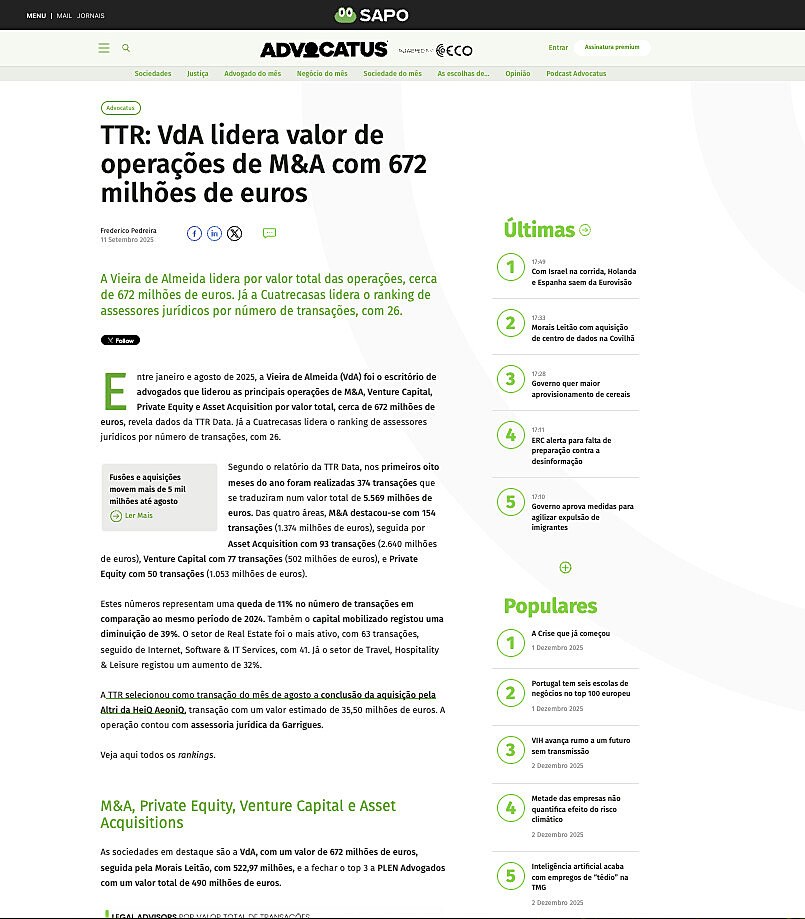 TTR: VdA lidera valor de operaes de M&A com 672 milhes de euros